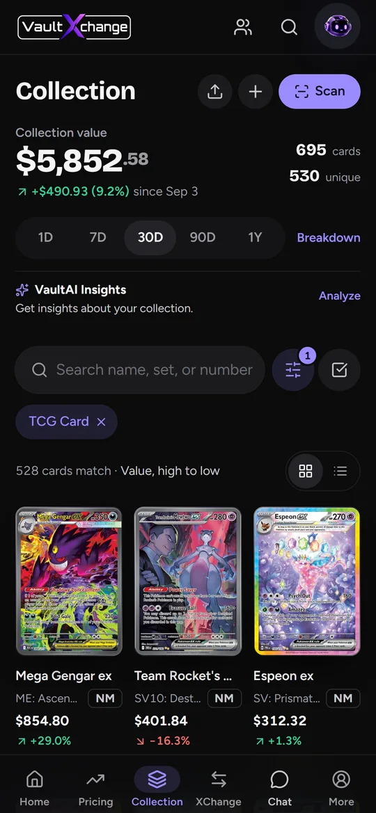 Collector collection grid with card values