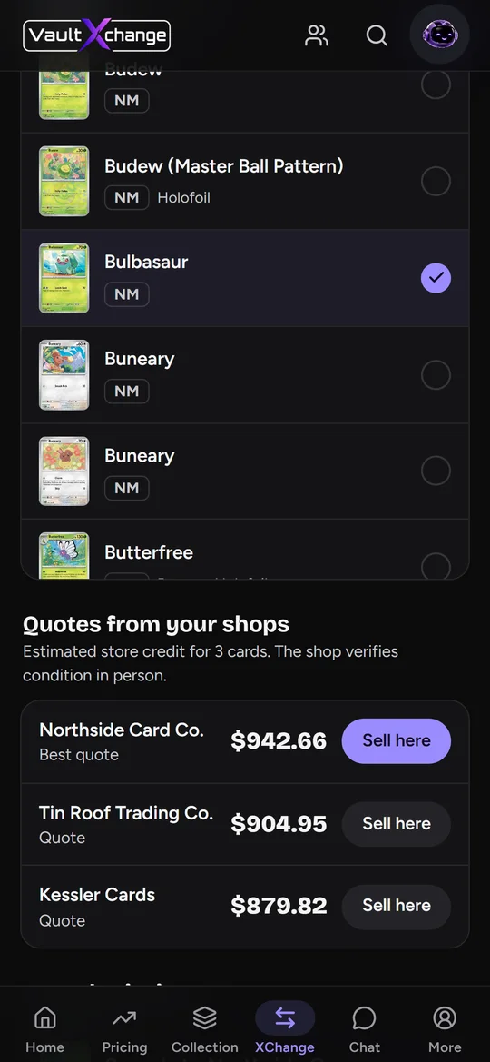 Sell Your Cards: estimated quotes from shops the collector has an account with