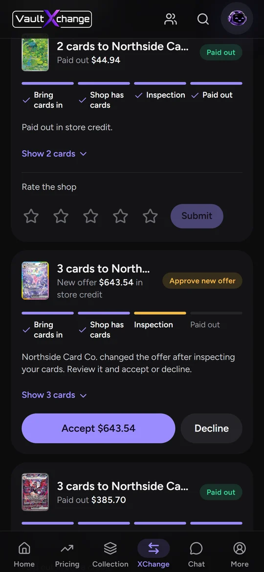 Collector submissions: Northside Card Co. changed the offer, Accept $643.54 or Decline