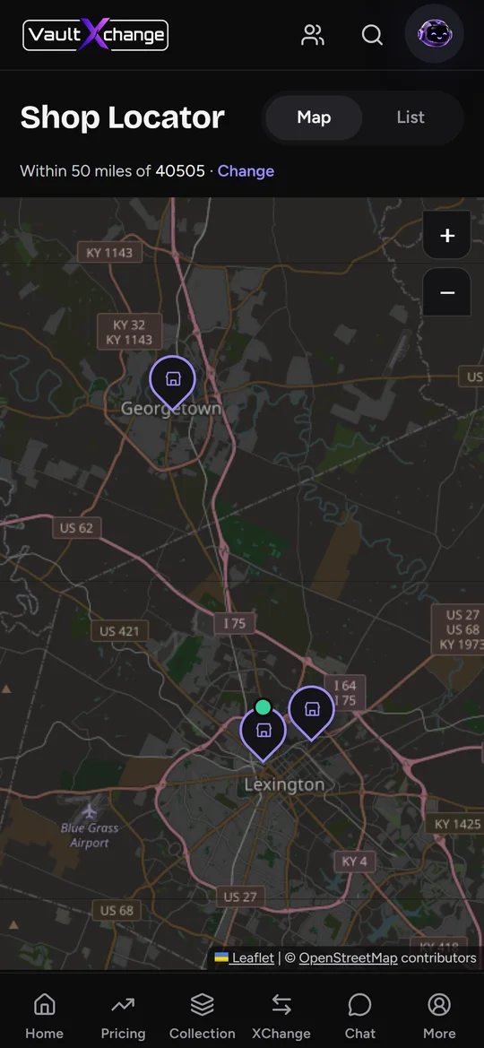 Shop Locator map with nearby VaultXchange shops