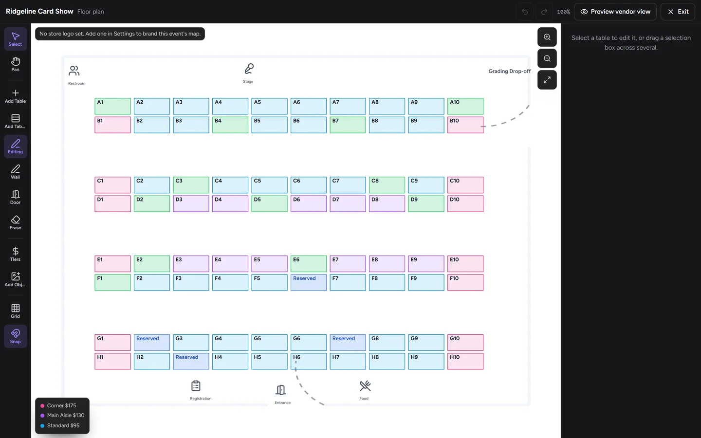 Promoter floor map builder with priced table tiers and reserved tables