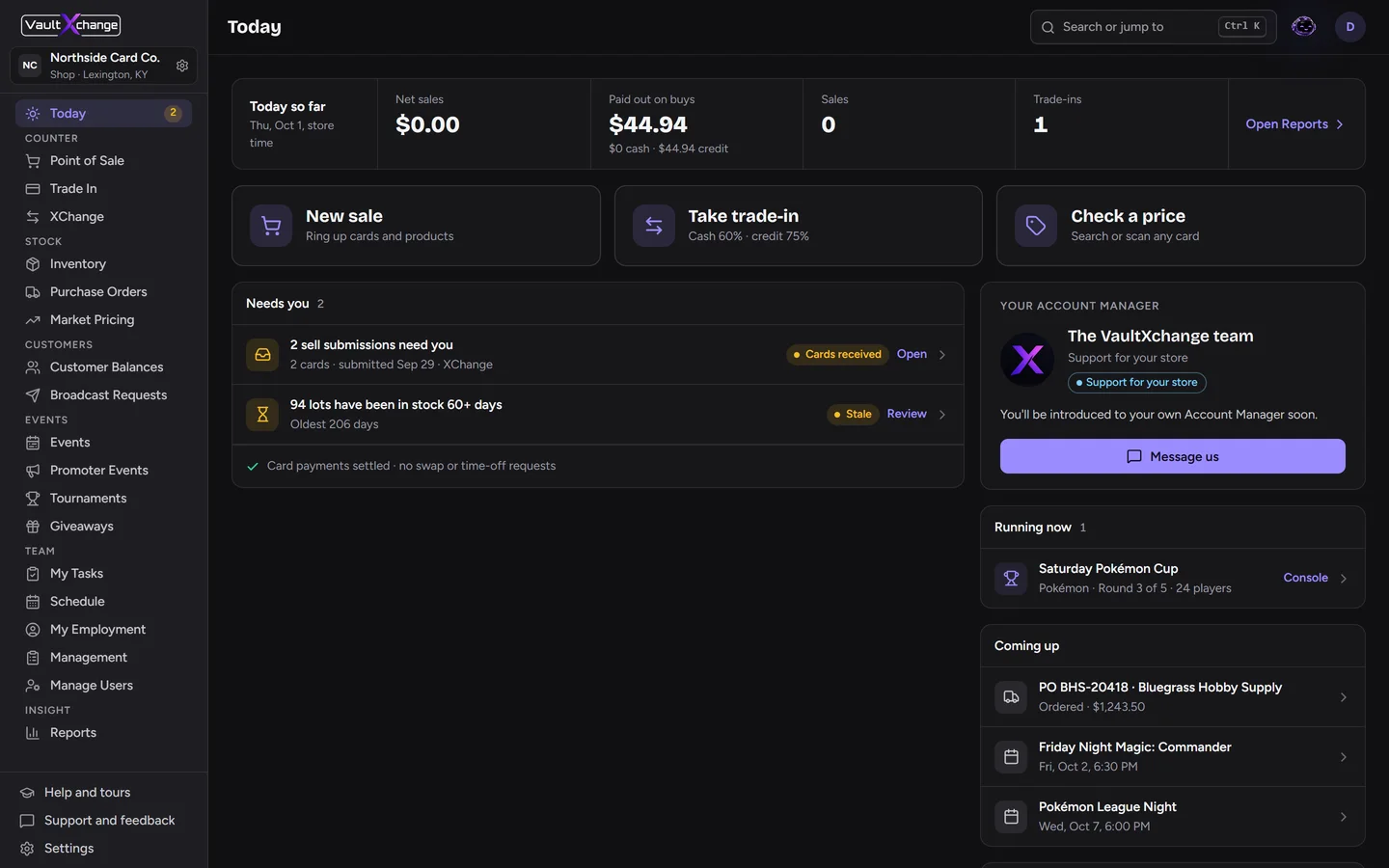 VaultXchange shop Today screen: sell submissions and stale stock that need attention, a tournament running and a purchase order on the way