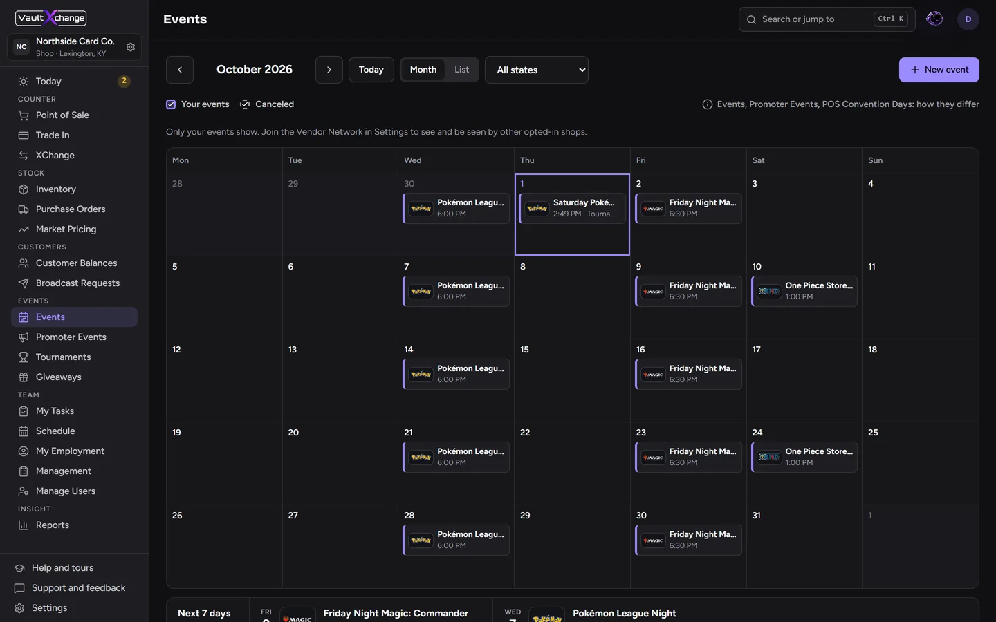 Shop events calendar with league nights and a tournament