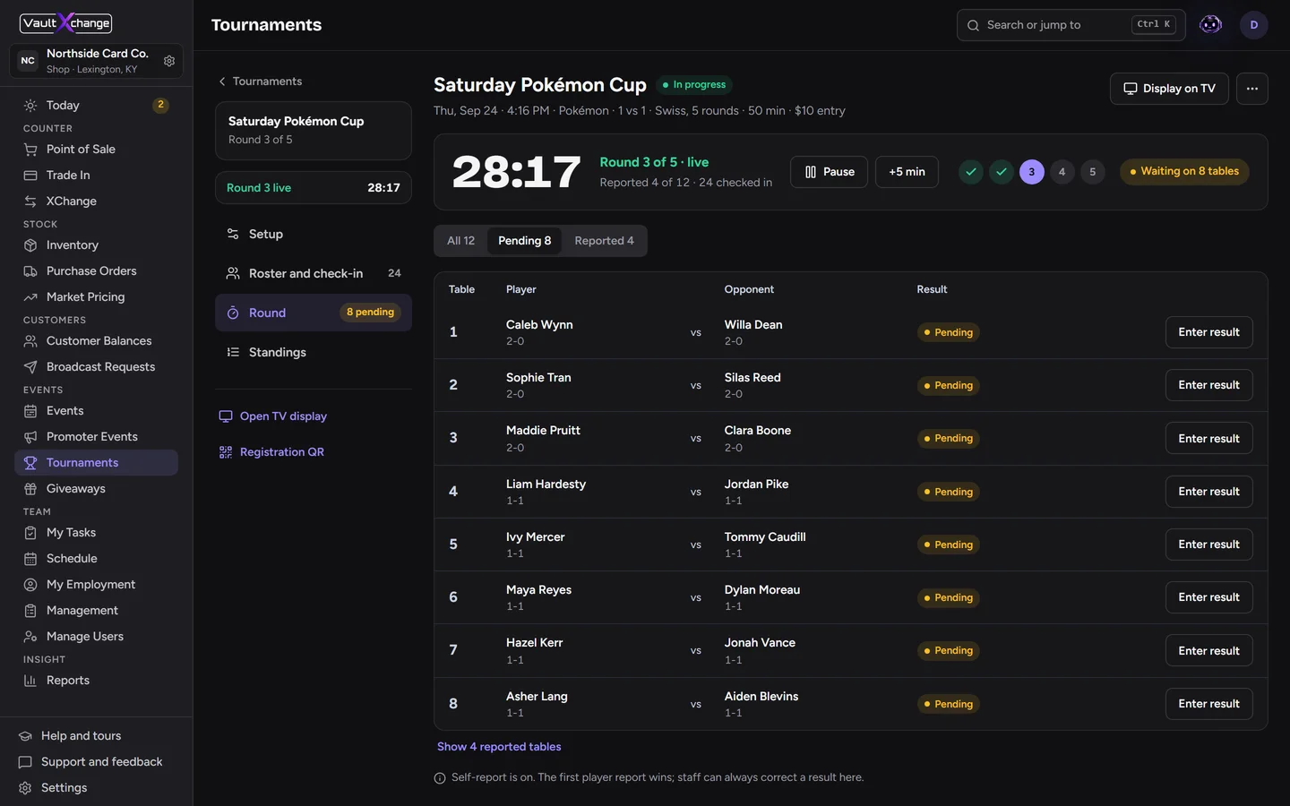Live tournament console with round clock and pairings