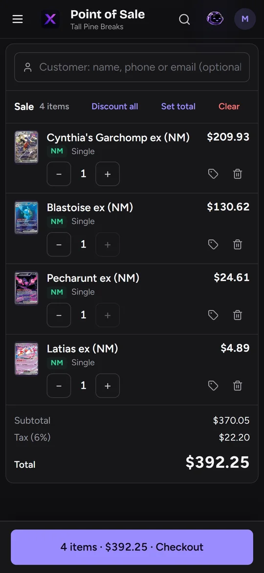 Vendor point of sale on a phone: four singles in the cart, $392.25 total