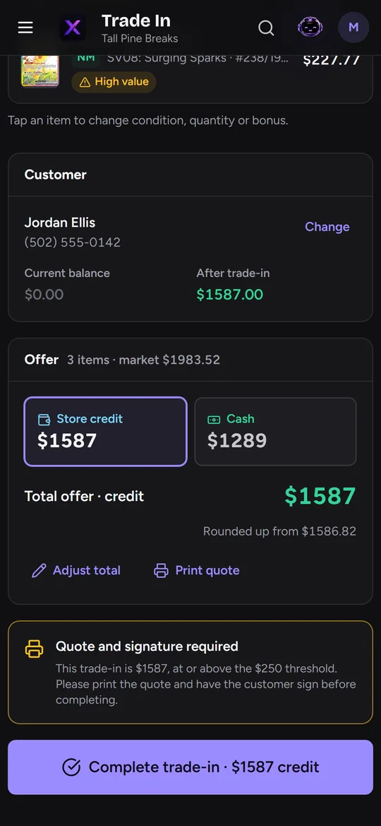 Vendor trade-in on a phone: three cards with store credit and cash offers