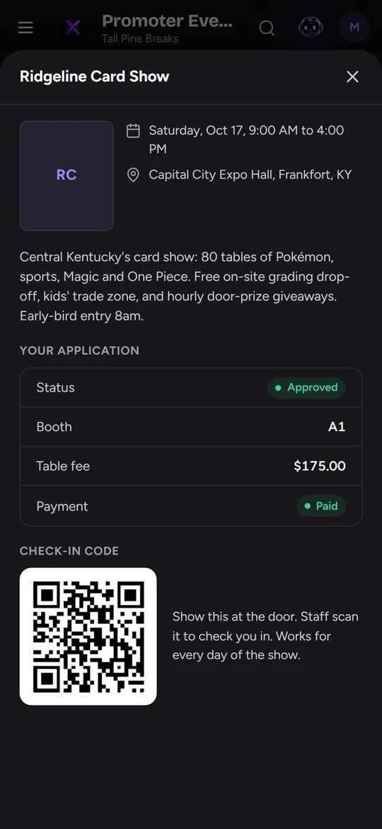 Vendor's approved application for Ridgeline Card Show: booth A1, table fee paid, check-in QR code